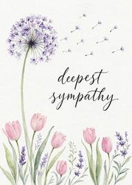 Watercolor sympathy card with pink tulips and purple dandelion seeds