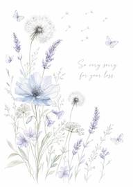 Soft pastel floral sympathy card with butterflies and sorry loss message