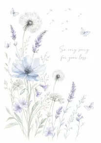 Watercolour wildflowers, butterflies, and dandelions frame the words So very sorry for your loss today.