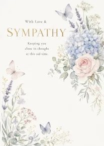 Soft watercolor sympathy card with blue hydrangeas, pink rose, butterflies, and heartfelt comfort wording throughout.