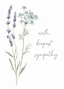 Watercolor lavender and blue flowers beside the words with deepest sympathy on a white background.