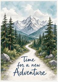 Mountain road winding through pine trees with new adventure text