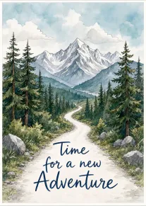 Watercolor mountain trail card with pine trees and the message Time for a new Adventure.