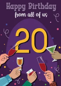 Birthday card for a 20th celebration with colorful drinks, hands toasting, and party confetti everywhere.