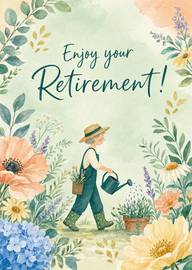Watercolor retirement card with gardener watering flowers