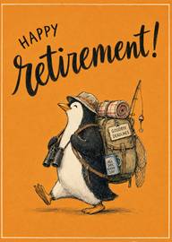 Happy retirement card with walking penguin and fishing gear illustration