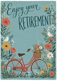Floral retirement card with bike basket and birds illustration