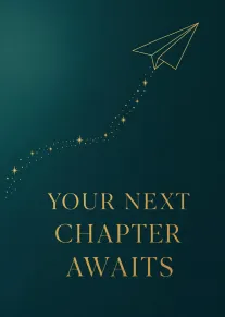 Dark teal card with gold paper plane and stars reading Your Next Chapter Awaits message.