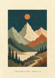 Scenic mountain landscape with pathway and adventure awaits text