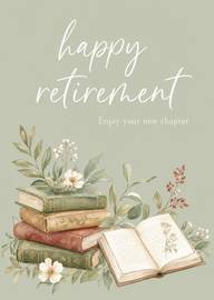 Elegant retirement card with vintage books and floral design