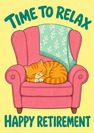 Sleepy orange cat on pink armchair retirement card