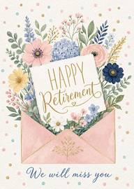 Watercolor floral retirement card with envelope and message