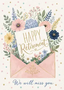 Pink floral retirement card with envelope and gold text saying happy retirement and fond farewells.