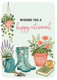 Retirement card with garden boots plants and relaxing book