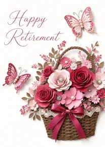 Happy Retirement card with pink floral basket, butterflies, ribbon bow, and elegant script text design.