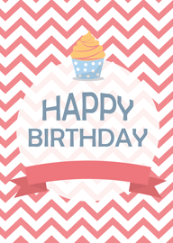 Happy Birthday Card with Cupcake and Pink Chevron Background