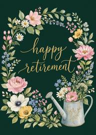 Floral wreath with watering can happy retirement text