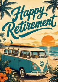 Vintage van on tropical beach at sunset Happy Retirement card