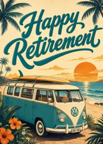 Retro Happy Retirement card with VW van, sunset, beach, palm trees, and tropical flowers design.