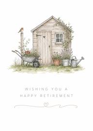 Garden shed watercolor retirement card with wheelbarrow and bird