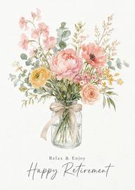 Watercolor bouquet flowers vase with happy retirement text