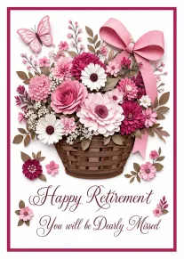 Pink floral basket retirement card with butterfly and heartfelt farewell