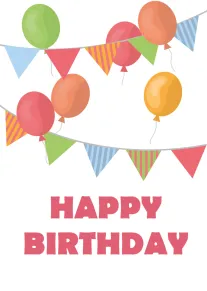Colourful balloons and bunting frame bold Happy Birthday text on a clean white background card.