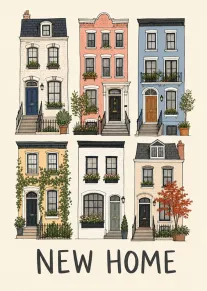 Illustrated row of six houses with the words New Home on a cream background card.