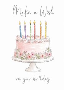 A pastel watercolor birthday cake with candles and floral decorations beneath Make a Wish text