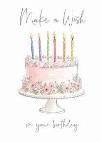 A pastel watercolor birthday cake with candles and floral decorations beneath Make a Wish text