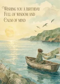 Watercolor seaside birthday card with a woman in a boat and peaceful wisdom wishes above.
