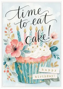 Floral watercolor cupcake with candles and the words time to eat cake happy birthday card.