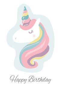 Cute pastel unicorn with rainbow mane and Happy Birthday text on a soft white background.