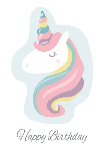 Cute pastel unicorn with rainbow mane and Happy Birthday text on a soft white background.