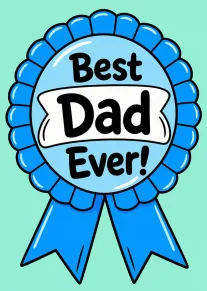 Blue award ribbon card reading Best Dad Ever on mint background with bold playful lettering.