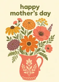 Happy Mother's Day floral bouquet card with vintage coral vase