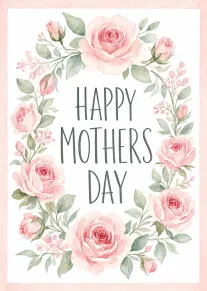 Pink Watercolor Rose Wreath Happy Mothers Day Floral Greeting