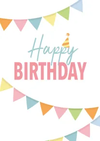 Pastel bunting frames a cheerful Happy Birthday message with a party hat on white background.