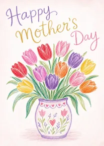 Hand-drawn bouquet of colorful tulips in a vase with Happy Mother's Day text above it.