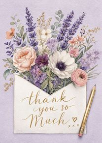 Watercolor flowers bursting from an envelope with thank you so much in gold script design.