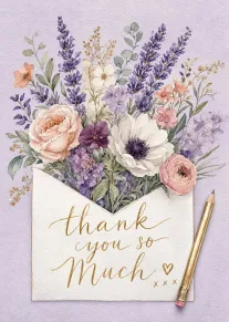 Watercolor flowers bursting from an envelope with thank you so much in gold script design.