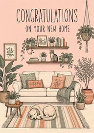 Congratulations on Your New Home with Cozy Plants, Cat, Dog