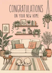 Cozy living room card with plants, cat, dog, and congratulations on your new home illustration.