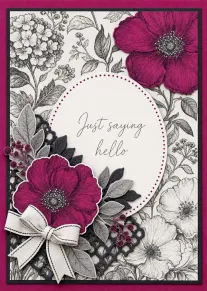 Layered magenta flowers frame a scripted Just saying hello message on a black botanical card.