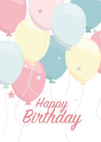 Pastel balloons and stars float above Happy Birthday in pink script on a white background.
