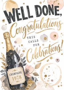 Gold champagne bottle card with well done congratulations lettering and festive confetti for elegant celebrations.
