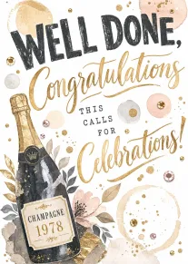 Gold champagne bottle card with well done congratulations lettering and festive confetti for elegant celebrations.