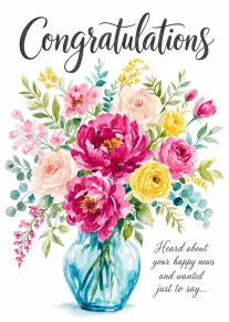 Watercolor bouquet of pink, yellow, and blue flowers in a vase with congratulations message above.
