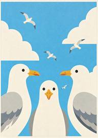 Three friendly seagulls with blue sky and clouds background