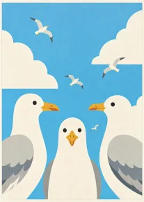 Three seagulls fly among clouds in a bright blue sky with a playful retro illustration.
